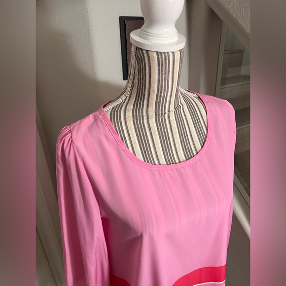 PEACH LOVE CALIFORNIA pink sheer 3/4 sleeve stripe curved high low blouse size S - Picture 6 of 10